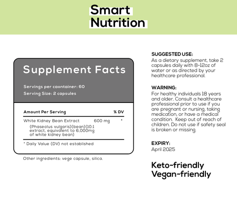 SMART NUTRITION White Kidney Bean - 10:1 Extract - 600mg per Serving - 120 Capsules / 60 Servings